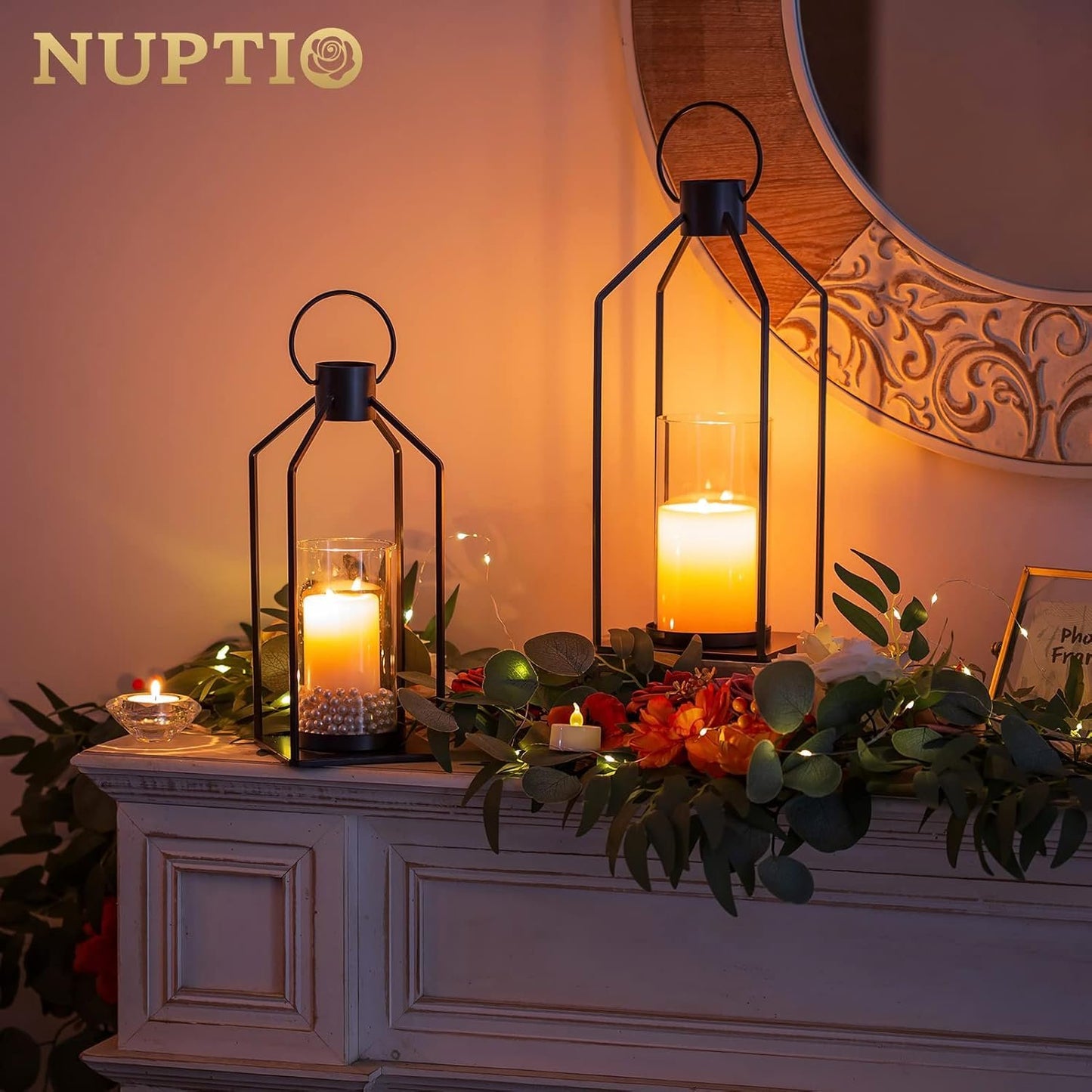 Nuptio Decorative Lantern Candle Holder: 2 Pcs Glass Hurricane Pillar Candles Holders Rustic Black Metal Hanging Lanterns Decor for Outdoor Wedding Farmhouse Home Fireplace Christmas Halloween