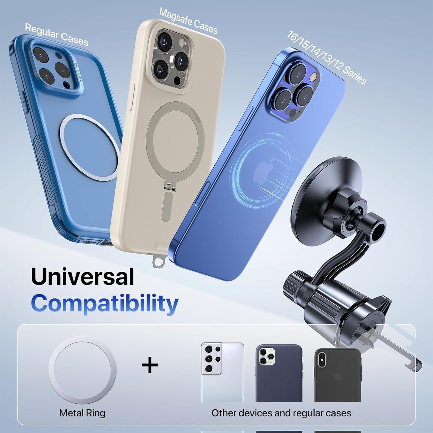 Miracase for MagSafe Car Mount, [Upgraded 20 Magnets] Super Stable Magnetic Phone Holder car, [360°Rotating] Extended Arm Car Phone Holder Compatible with iPhone 16 pro max 15 14 13 12 MagSafe Case