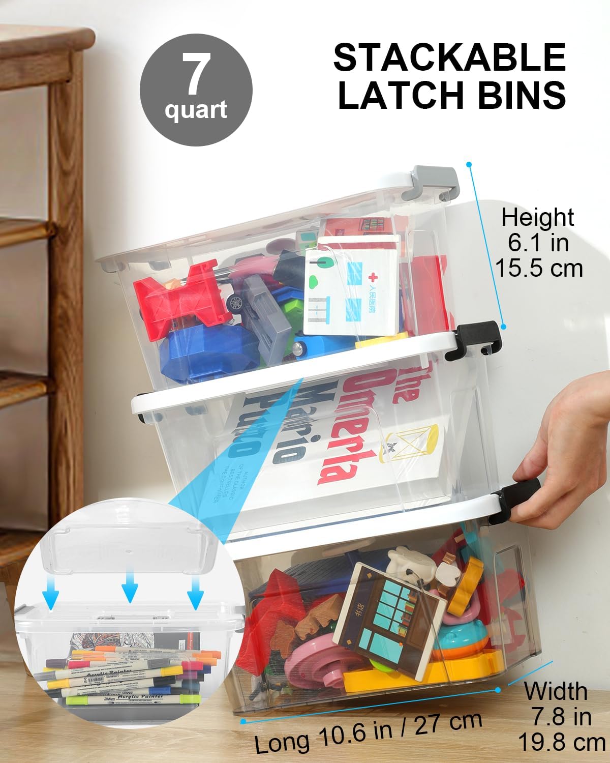 AREYZIN Plastic Storage Bins With Lids,6 Pack Storage Organizer Bins,7 Quart Stackable Storage container with Lid and Gray Handle Buckle Easy for Home Office Organization, with White Lids