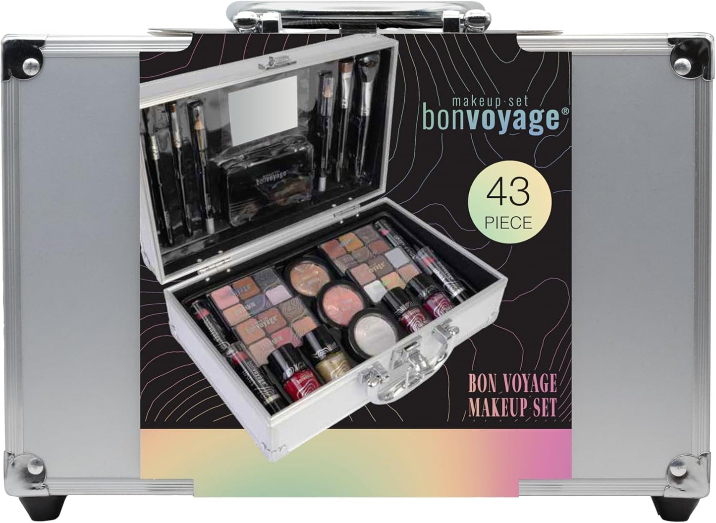 bonvoyage, Bon Voyage Makeup Set 43-Piece Makeup Kit with Mirror, Including Lipsticks, Eyeshadows, Blush, Nail Polishes and More - Portable and Fashionable Metal Case