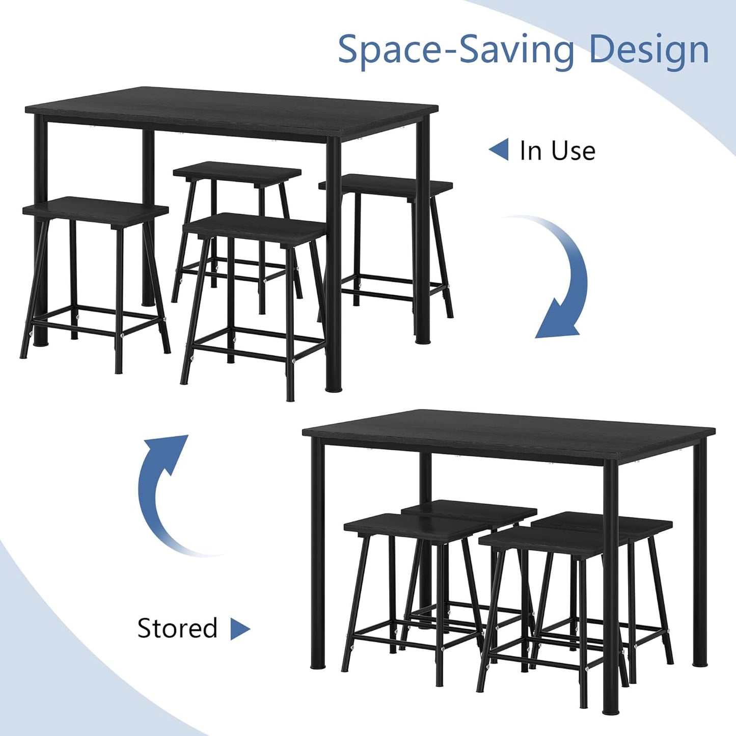 VECELO Kitchen Table and Chairs for 4, Dining Room Set with Chairs/Stools, Heavy-Duty Metal Frame with Wooden Tabletop for Small Spaces, Easy Assembly, Classic Black