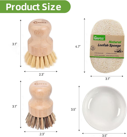 7 Sets Bamboo Dish Brush - 2 Hard Brushes + 2 Soft Brushs + 2 Loofahs + 1 Ceramic Dish | Biodegradable, Natural Kitchen Brush for Dishwashing, Zero Waste Home