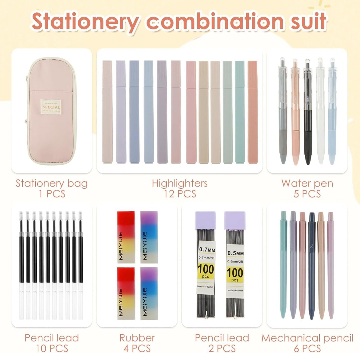 40Pcs Stationery Supplies Set, Multi-Purpose Pencil Case Includes Large Capacity Pen Pouch Bag, Mechanical Pencil, Lead Refill, Gel Ink Pen, Scissors, Ruler, Sharpener for School Supplies (Pink)