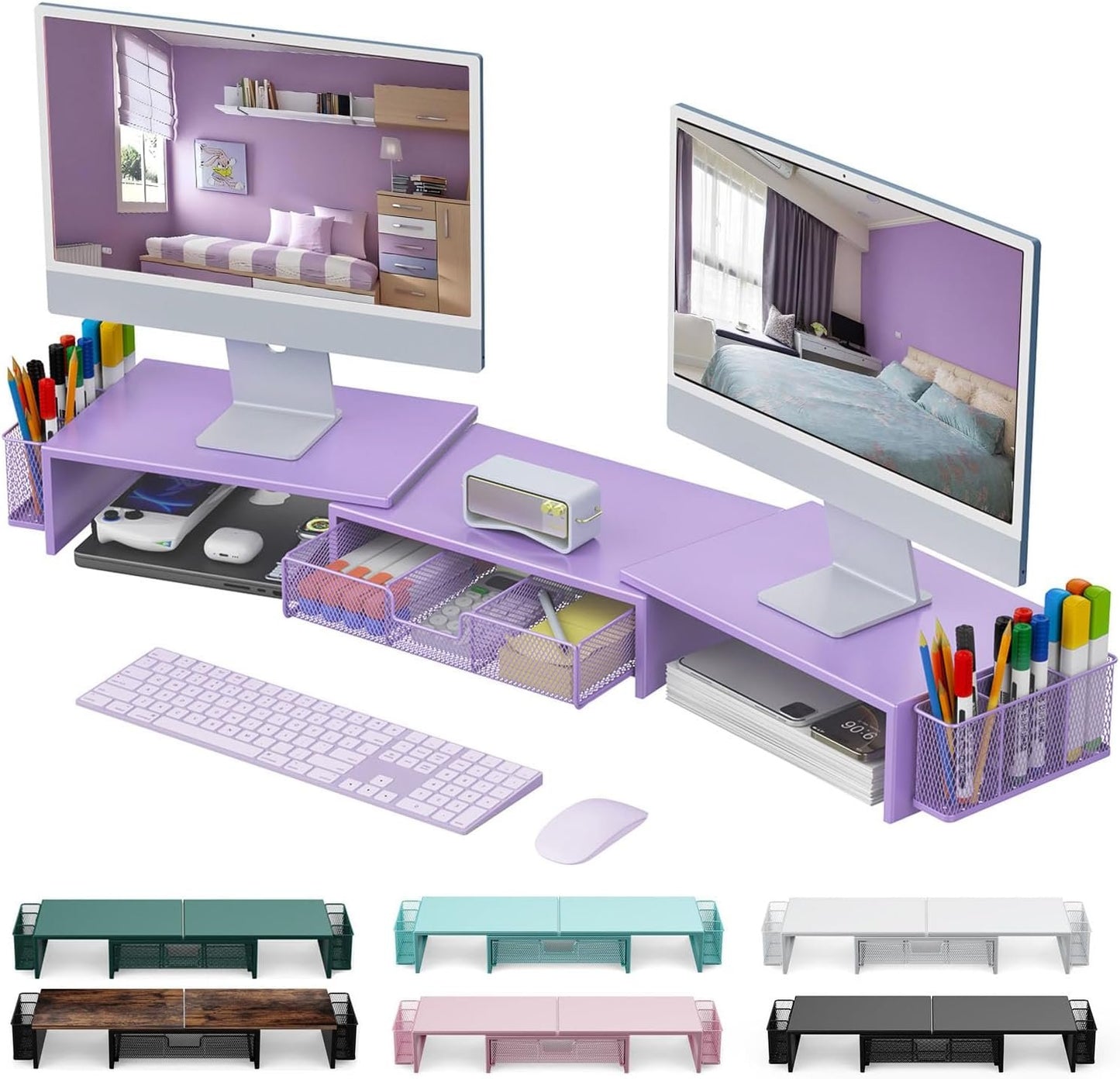 gianotter Dual Monitor Stand Riser, Desk Organizer With Drawer and 2 Pen Holders, Desk Organizers and Accessories, Purple Office Decor (Purple)