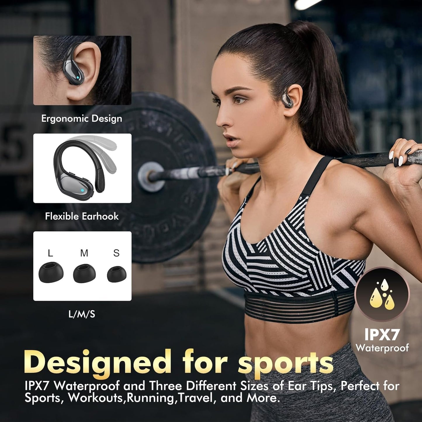 Catitru Wireless Earbuds, Sports Bluetooth Headphones, Over Ear Buds with 80hr Playtime, Noise Canceling, LED Power Display, IPX7 Waterproof for Workout/Running Black