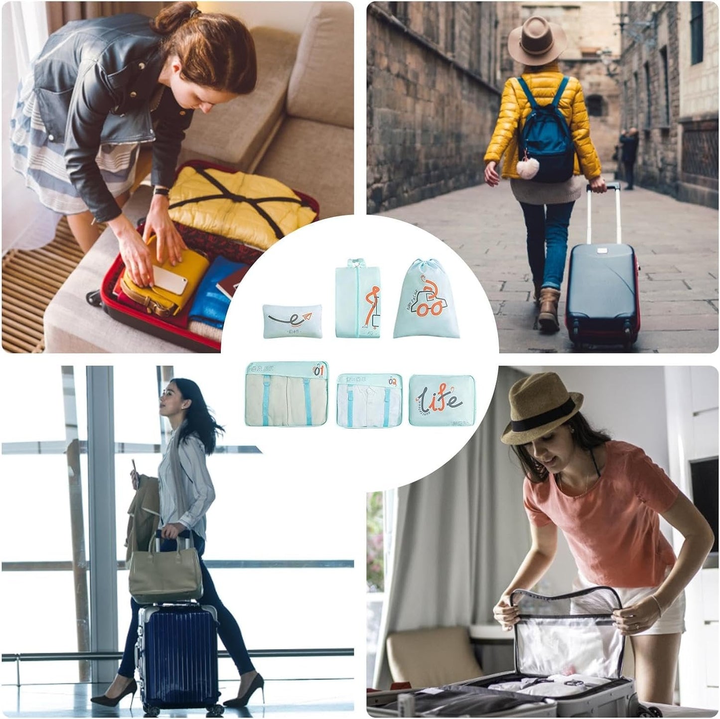 6pcs Clothes and Travel Essentials Packing Cubes Set - Organization Bags for Underwear, Socks, Bras, T-Shirts, Panties, Towels