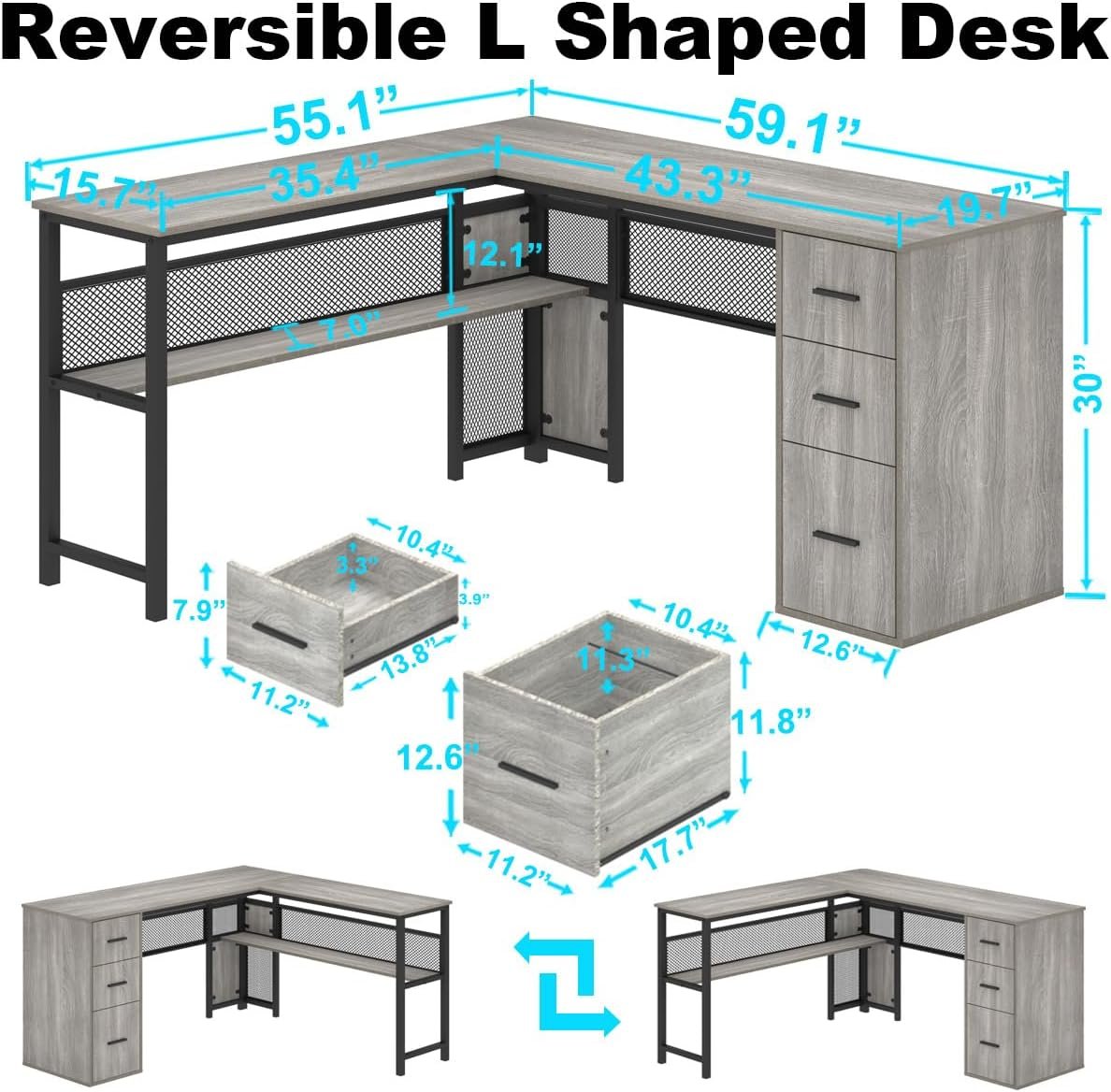 LVB Reversible Gray L Shaped Corner Desk, Farmhouse Wood Computer Desk with File Drawers Cabinets, Large Work Study Executive Home Office Desk with Storage Shelves for Bedroom, Light Grey Oak, 59 Inch