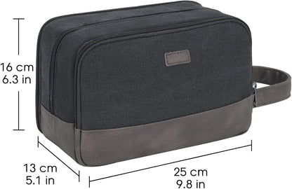 WANDF Travel Toiletry Bag for Men Hanging Dopp Kit Canvas Toiletry Organizer Water-Resistant Vegan Leather Shaving Bag for Toiletries Accessories (Black)