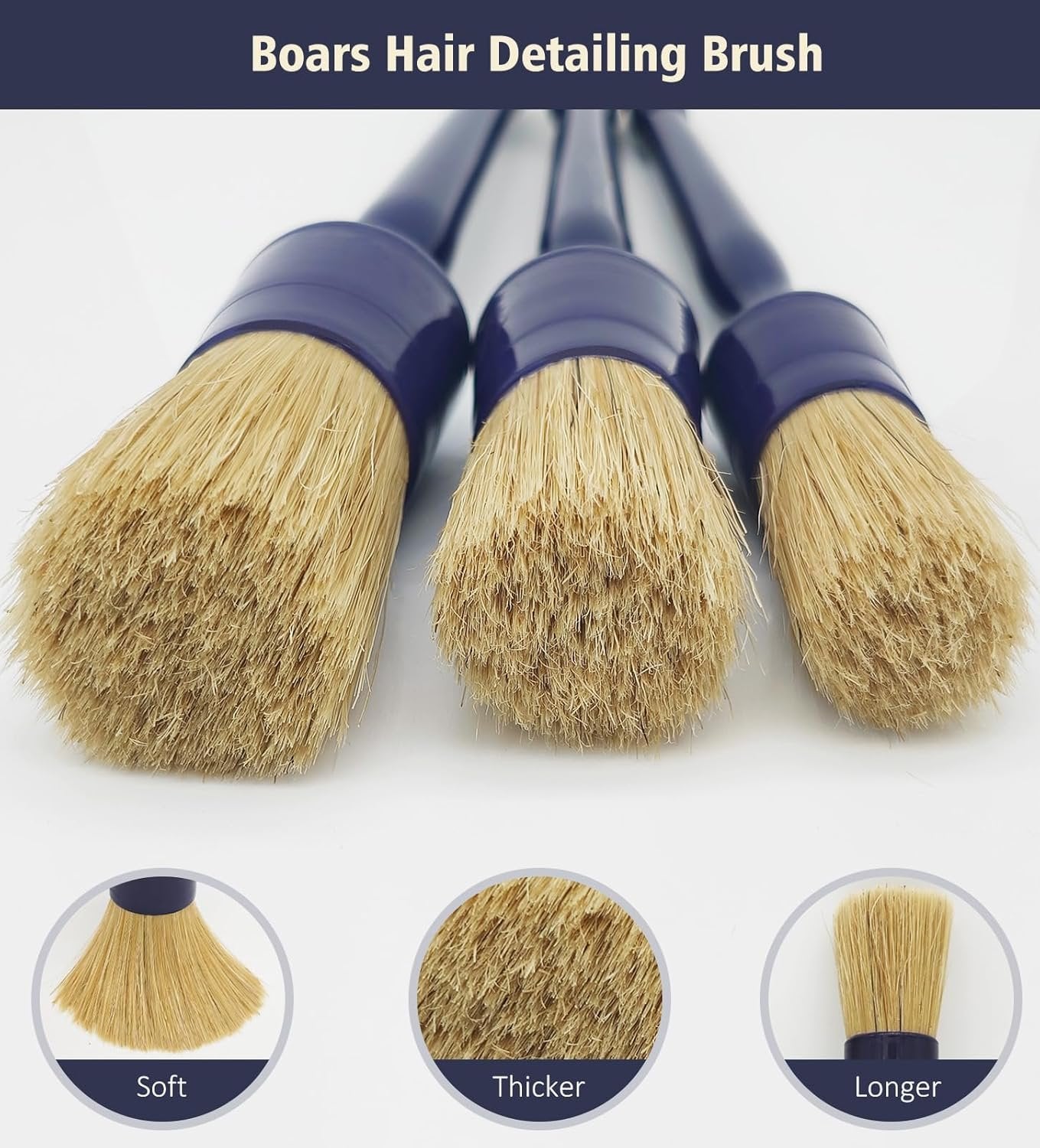 Car Detailing Brush Set, 3 Pack Ultra Soft Boars Hair Detailing Brushes for Leather Seat Air Vents Engine Bay, Auto Detail Brushes Car Detailing for Interior Exterior, Indigo