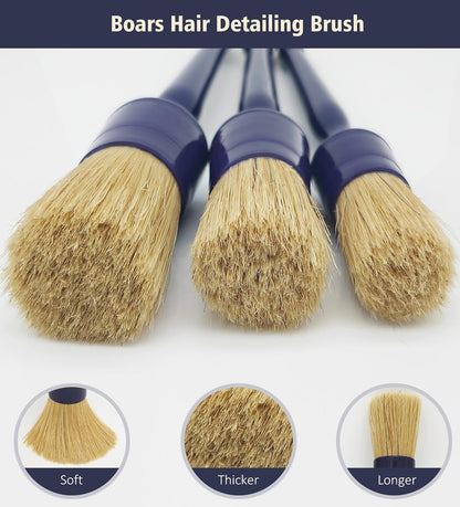 Car Detailing Brush Set, 3 Pack Ultra Soft Boars Hair Detailing Brushes for Leather Seat Air Vents Engine Bay, Auto Detail Brushes Car Detailing for Interior Exterior, Indigo