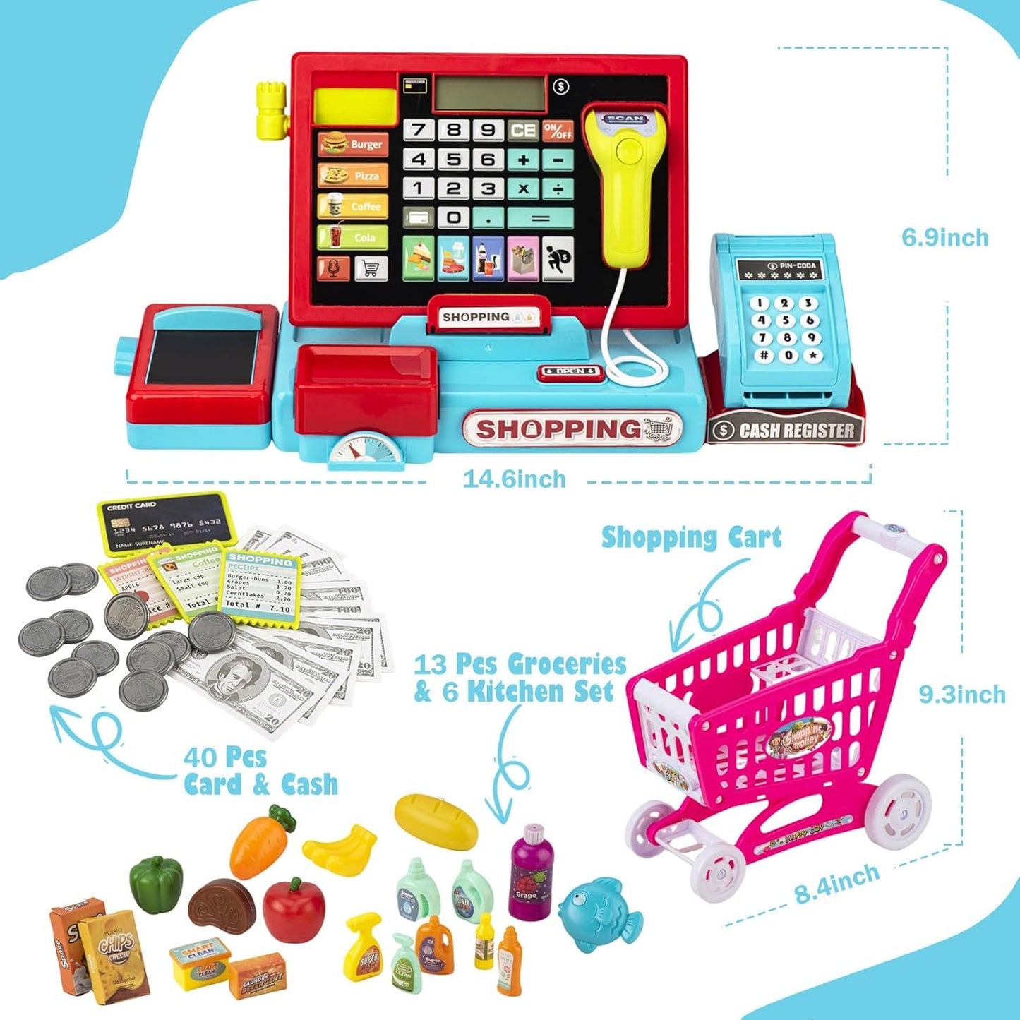 Cash Register for Kids Real Calculator Kids Cash Register with Scanner Toy for 3 4 5 6 7 8 Year Old Boy Pretend Play Store with Music / Food / Shopping Cart Learning Toys Gifts for Boys Ages 4-8