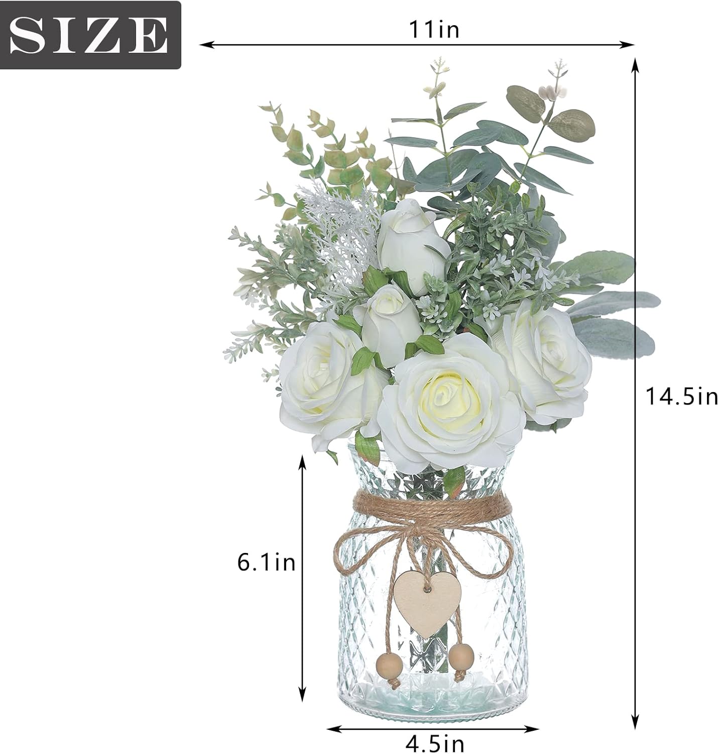 VIERENA Faux Flowers with Vase,Artificial Silk Roses in Vase,Fake Plant Eucalyptus Flower Arrangement for Home Office Farmhouse Bathroom Dining Table Centerpiece Decorations (White),106-HS-BAI