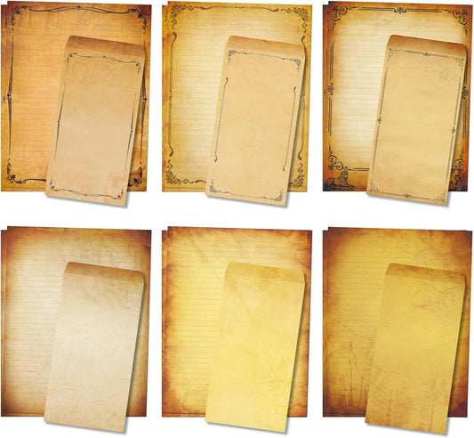 Anzon Mories Realistic Parchment Stationery Paper Envelope Set, 48 PC Writing Stationary 8.5" x 11" with 24Pcs Self-Sealing Envelopes, Printer Friendly, 6 Antique Vintage Design Aged Old Looking