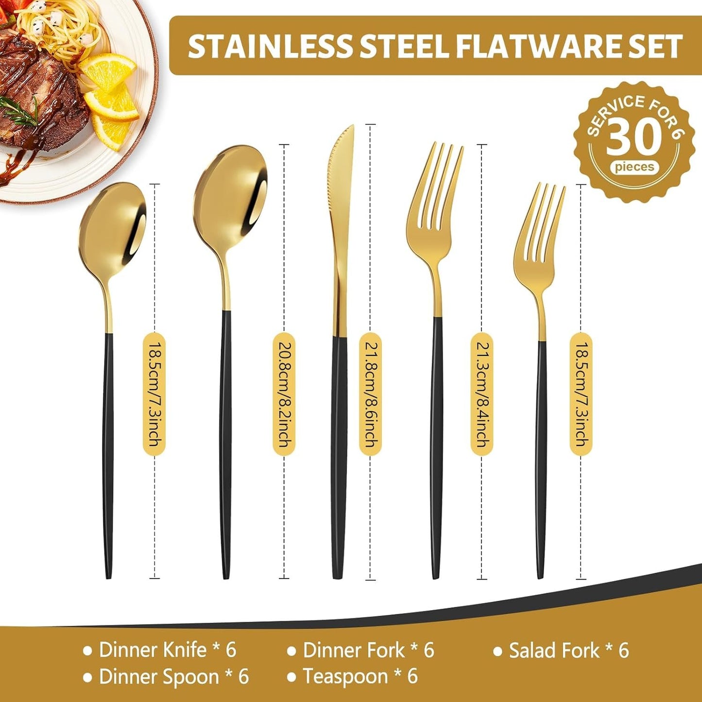 Silverware Sets for 30, Quable 30-Piece Black & Gold Cutlery Set, Stainless Steel Kitchen Utensil Set Service for 6, Including Knife, Fork, Spoon, Mirror Polished, Utensil Sets for Kitchen, Home