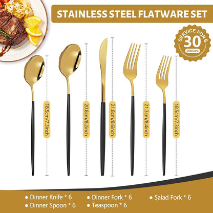 Silverware Sets for 30, Quable 30-Piece Black & Gold Cutlery Set, Stainless Steel Kitchen Utensil Set Service for 6, Including Knife, Fork, Spoon, Mirror Polished, Utensil Sets for Kitchen, Home