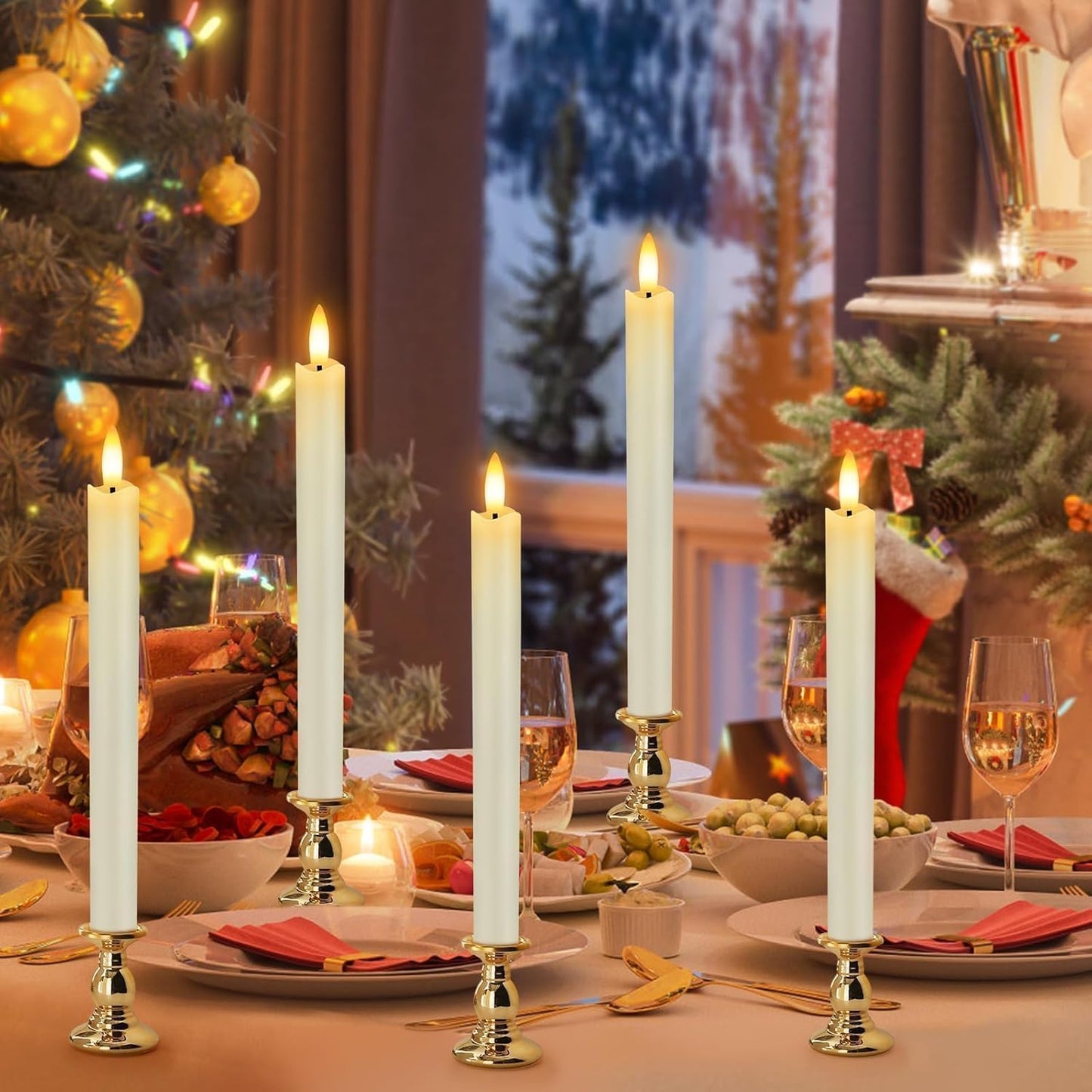 Flickering Flameless Ivory Candles Realistic LED Candles with Remote Control and Timer Battery- Operated Candles. (Taper Candles 3D Wick Real Wax Set of 6)