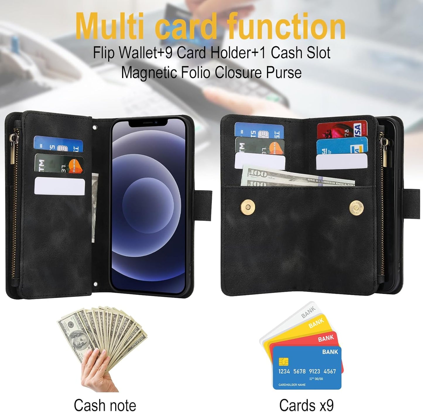 Umlovecase for iPhone 11 Case,for iPhone 11 Wallet Case with Zipper[9 Card Holder][RFID Blocking] Flip Folio Book PU Leather Phone Shockproof Cover-Black