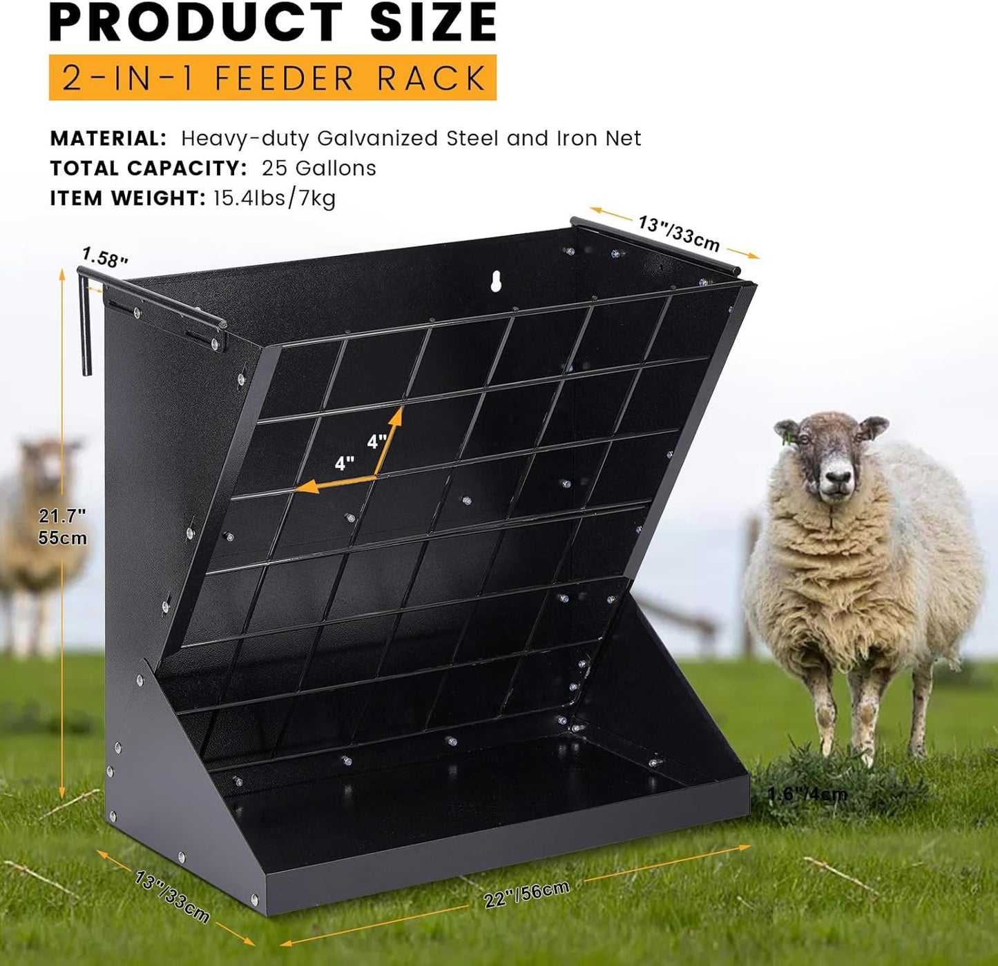 PAUQRWIE 25 Gallon 2 in 1 Hay and Grain Feeder for Goats, Sheep, Alpaca, Horse, Cattle, Livestock - Black Carbon Steel Wall Mount Hay Rack with Detachable Grain Tray - Adult