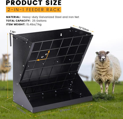 PAUQRWIE 25 Gallon 2 in 1 Hay and Grain Feeder for Goats, Sheep, Alpaca, Horse, Cattle, Livestock - Black Carbon Steel Wall Mount Hay Rack with Detachable Grain Tray - Adult