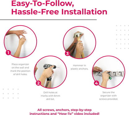 Berry Ave Broom Holder Wall Mount and Garden Tool Organizer, Closet Storage, Kitchen Rack, Home Organization and Garage Organizer for Rake or Mop Handles Up to 1.25-Inches, Hanger Plus 6 Hooks (Grey)