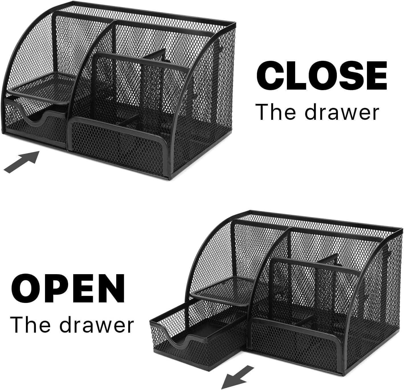 Gonice Black Mesh Desk Organizer, Multi-functional Pen Holder With 6 Compartments and 1 Drawer for Office Supplies and Desk Accessories, Desktop Organizer for Home,Office and School