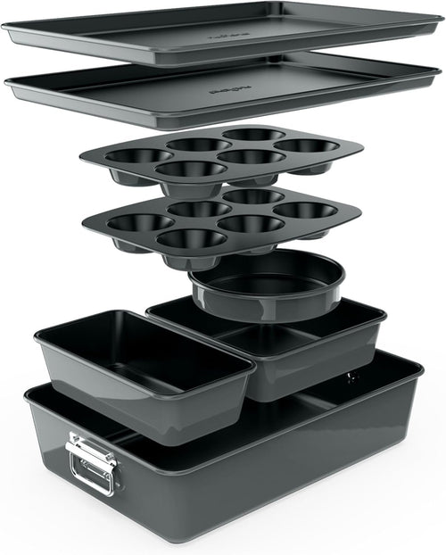 NutriChef 8-Piece Nonstick Stackable Bakeware Set - PFOA, PFOS, PTFE Free Baking Tray Set w/Non-Stick Coating, 450Â°F Oven Safe, Round Cake, Loaf, Muffin, Wide/Square Pans, Cookie Sheet (Gray)