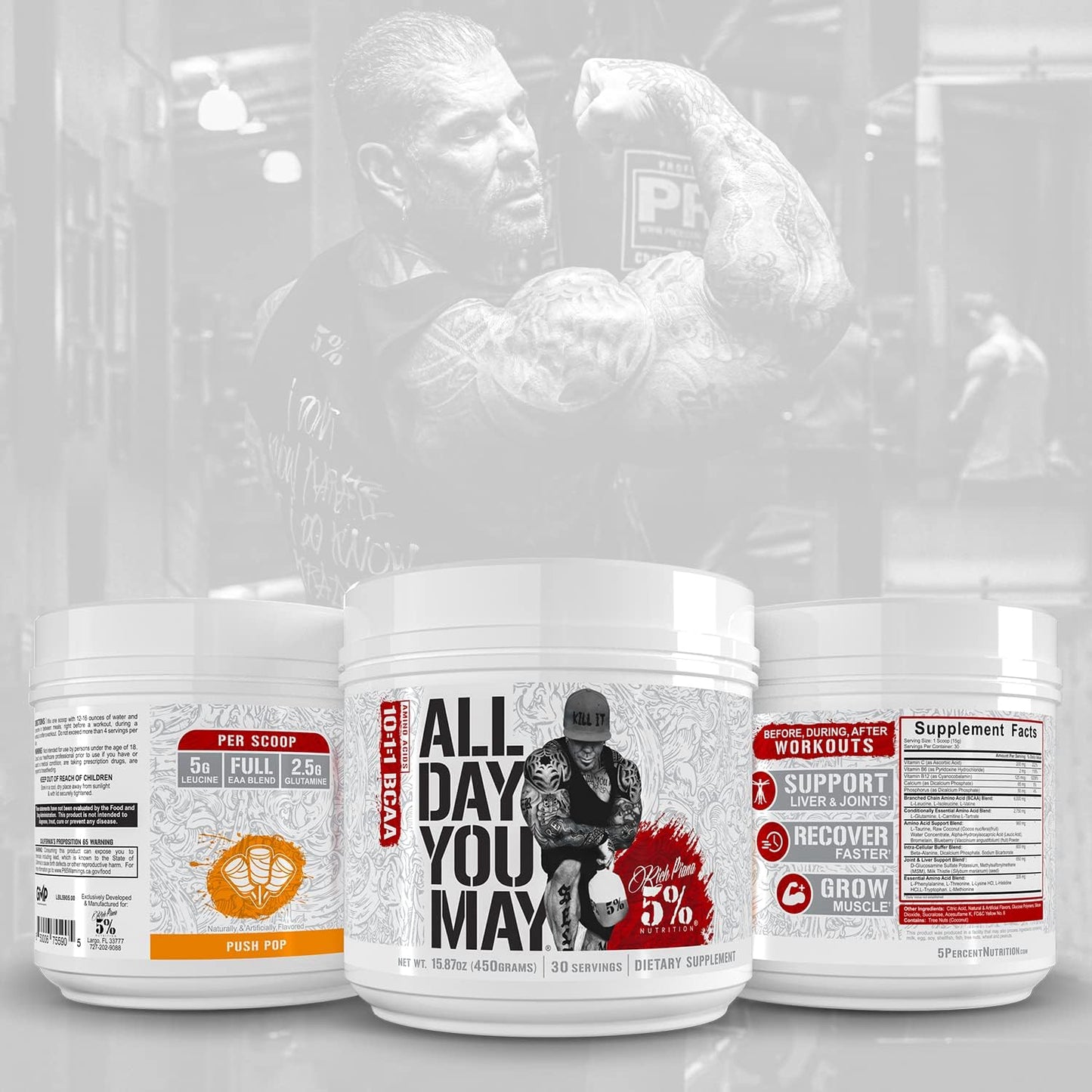 Rich Piana 5% Nutrition AllDayYouMay BCAA Powder, 9g Amino Acids | Elite Intra & Post Workout for Muscle Recovery, Hydration, Endurance, Joint & Liver Support (Push Pop)