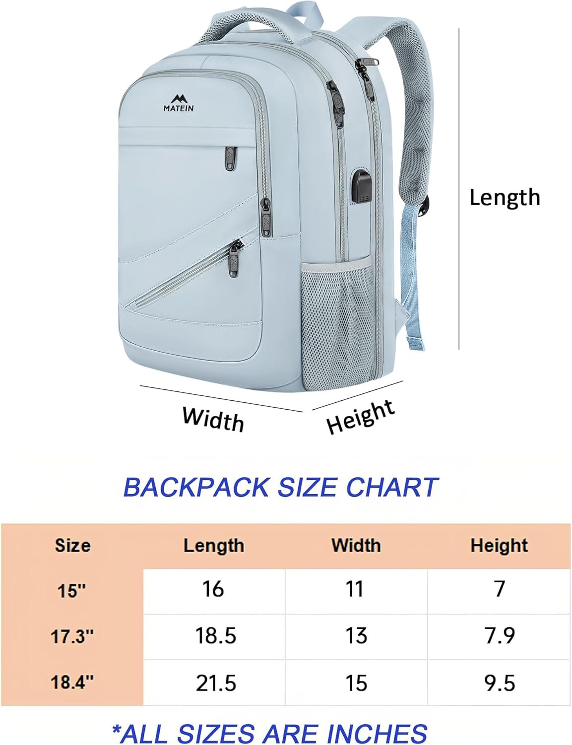 MATEIN 18 Inch Laptop Backpack for Women, TSA Approved Computer Rucksack with USB Charger Port and Luggage Strap, Extra Large Anti Theft Backpacks for Travel College Business Work, Haze Blue