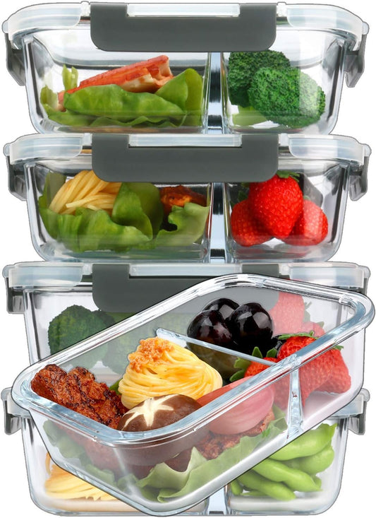 M MCIRCO [5-Pack,36 Oz] Glass Meal Prep Containers 2 Compartments Portion Control with Upgraded Snap Locking Lids Glass Food Storage Containers, Microwave, Oven, Freezer and Dishwasher (4.5 Cups)
