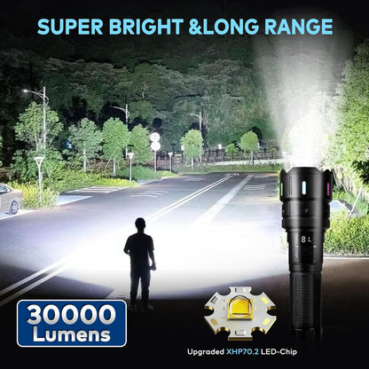 LED Torch Rechargeable Torch with High Lumens, 30000 Lumen XHP70.2 Super Bright Torch, High Powered Torches, Powerful Handheld Tactical Flashlight for Emergency Camping Hiking Gift