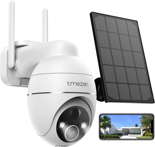 TMEZON Solar Battery Surveillance Camera Outdoor, 2K Wireless PTZ WLAN IP Outdoor Camera with Colour Night Vision, PIR Motion Sensor, Siren/White Light Alarm, 2-Way Audio, 2.4GHz WiFi CloudEdge App