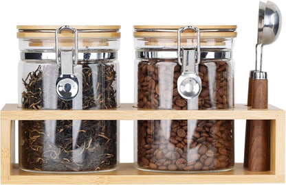 KKC HOME ACCENTS Airtight Borosilicate Glass Loose Tea & Coffee Beans Storage Containers with Bamboo Clamp Lids & Scoops - Glass Food Storage Jars for Nuts, Sugar, Matcha, Pantry Organization - 800 ML