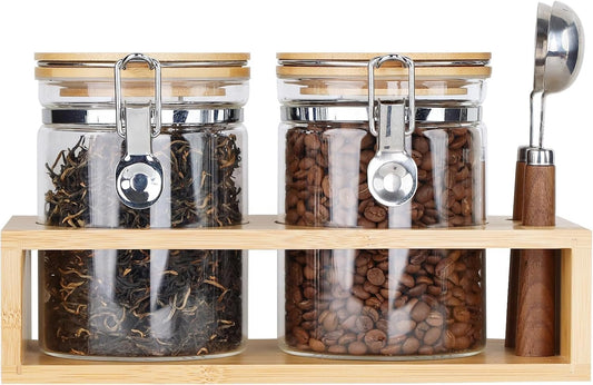 KKC HOME ACCENTS Airtight Borosilicate Glass Loose Tea & Coffee Beans Storage Containers with Bamboo Clamp Lids & Scoops - Glass Food Storage Jars for Nuts, Sugar, Matcha, Pantry Organization - 800 ML