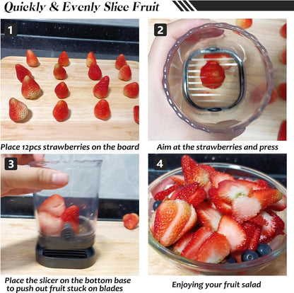 Fruit Slicer Cup | Strawberry Slicer | Banana Slicer | Grape Cutter | Egg Slicers | Detachable Fruit Cutter Slicer with Push Plate | Creative Strawberry Slicer Kitchen Gadget (Black + Pink)