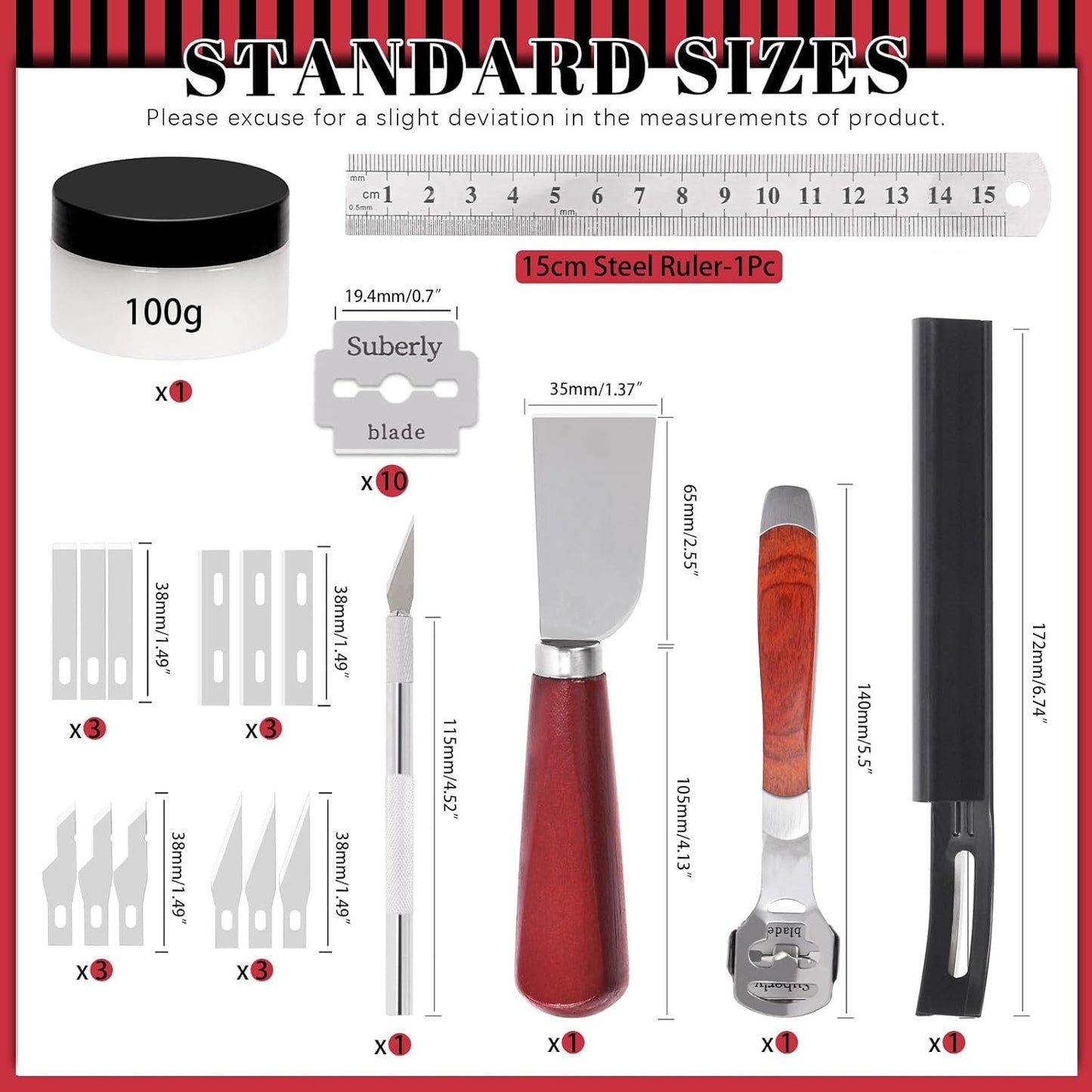 Hilitchi 22Pcs Metal Leather Skiver and Safety Beveler Set, Leather Working Tool, DIY Cutting Tool Kit, Replaceable Skiver Blade, Leather Burnishing Gum, Ruler, Leather Knives for DIY Leather Making