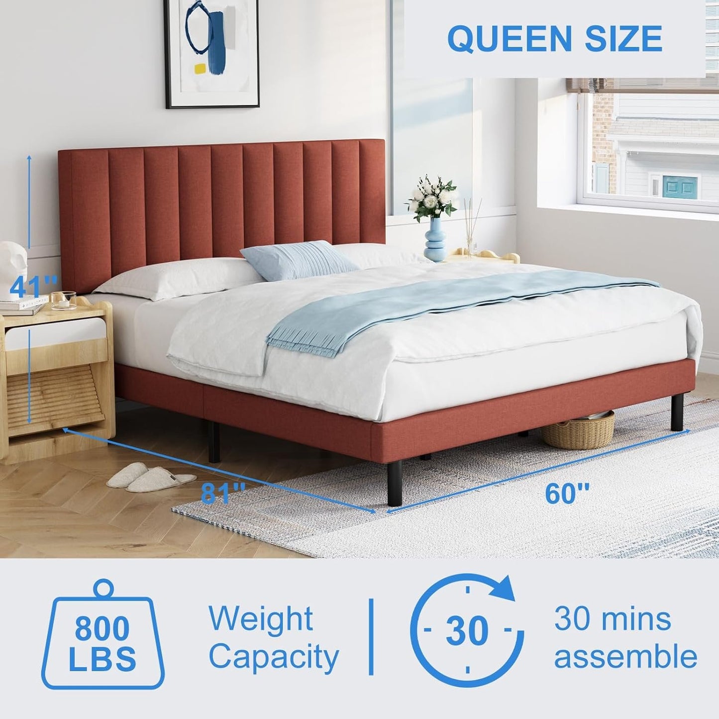 Queen Bed Frames, Rilelola Queen Size Bed Frames with Upholstered Headboard, Easily Assembly Bed Frames with Sturdily Wooden, Not Box Spring, Without Notise Classic Styles(Queen, Orange Red)