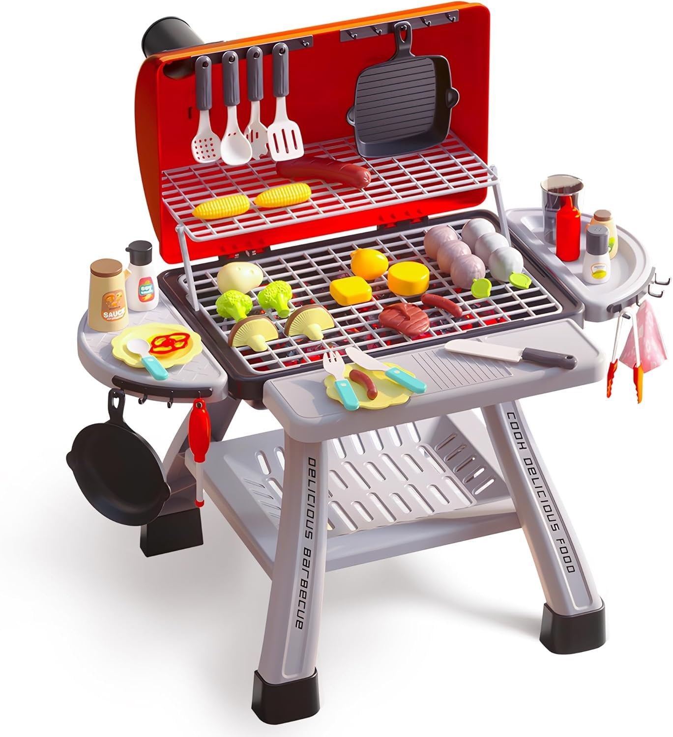 cute stone Kids BBQ Grill Playset, Toy Kitchen Set with Smoking Toy Barbecue Grill, Toy Kitchen Accessories, Indoor/Outdoor Interactive Pretend Play Toys for Boys Girls, 23.6" H