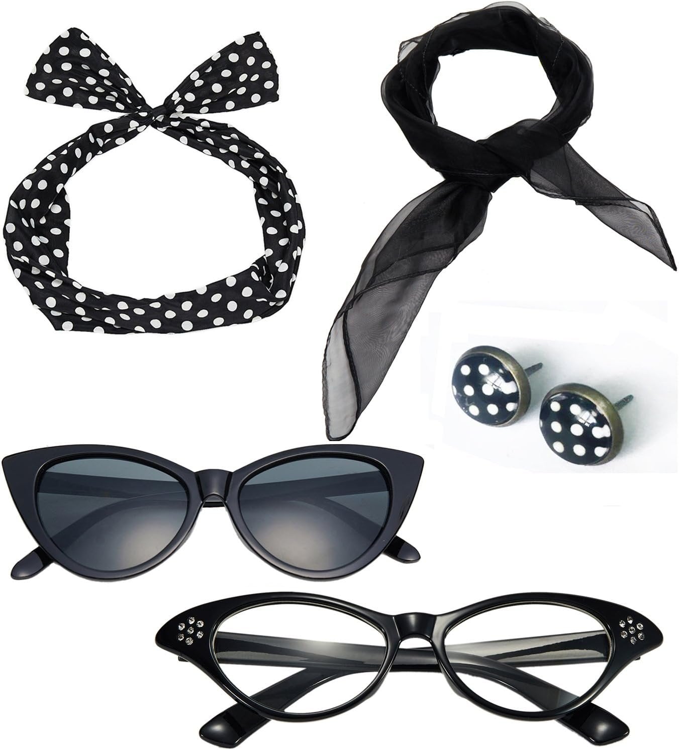 50's Costume Accessories Set Chiffon Scarf Cat Eye Glasses Bandana Tie Headband and Earrings