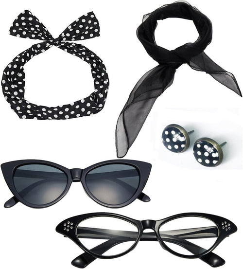 50's Costume Accessories Set Chiffon Scarf Cat Eye Glasses Bandana Tie Headband and Earrings