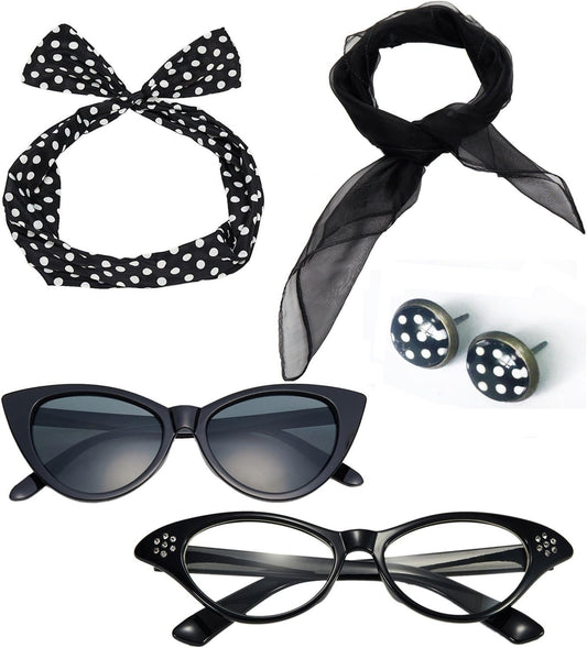 50's Costume Accessories Set Chiffon Scarf Cat Eye Glasses Bandana Tie Headband and Earrings