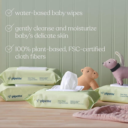 Pipette Baby Wipes with 100% plant-based fibers and plant-derived moisturizers, water-based, Fragrance-Free, 288-Count