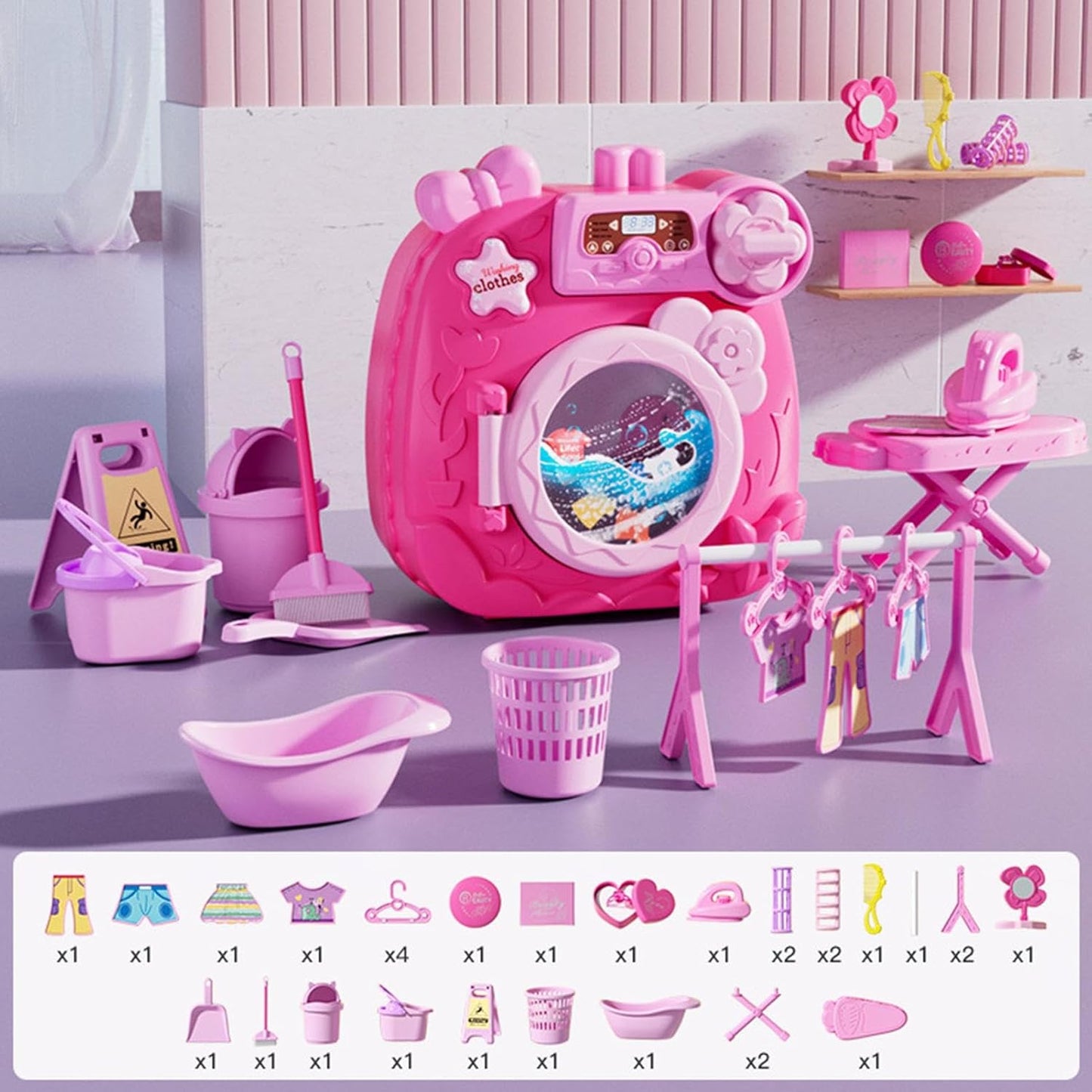ccuzs Kids Washing Machine, Interactive Pretend Play Washer and Dryer, Miniature Educational Toy with Accessories for Girls and Boys, Material: ABS, 8.58x4.33x8.94in
