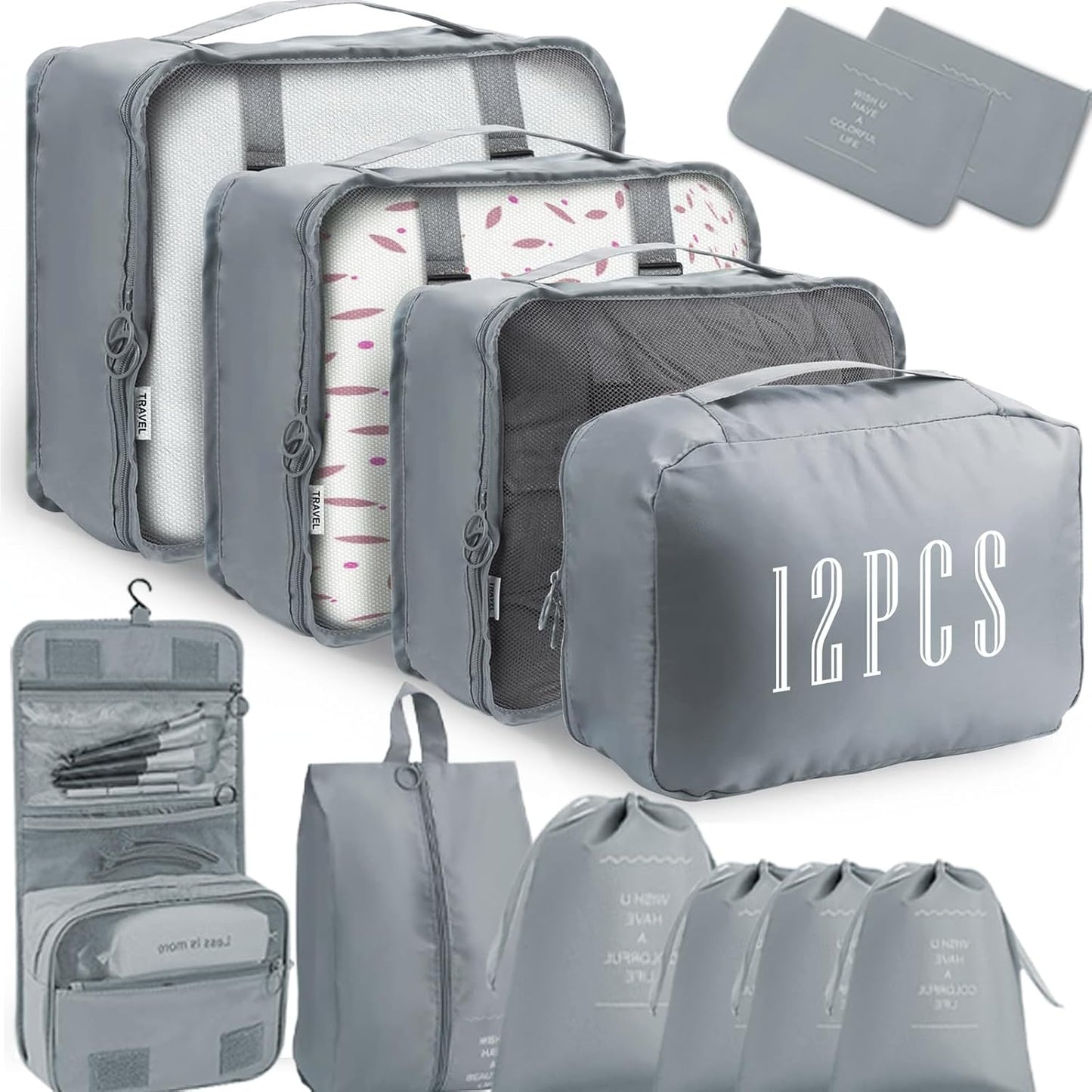 Kinyoda Suitcase Organizer, 12 Pieces Organizer Suitcase Set, Packing Cubes, Clothing Underwear Footwear Organizers Sacks Storage Suitcase Set, Organizer for Travel Holidays, (Grey)