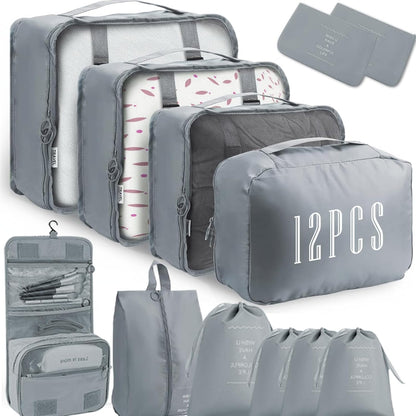 Kinyoda Suitcase Organizer, 12 Pieces Organizer Suitcase Set, Packing Cubes, Clothing Underwear Footwear Organizers Sacks Storage Suitcase Set, Organizer for Travel Holidays, (Grey)
