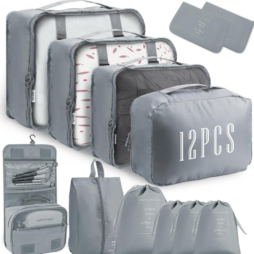 Kinyoda Suitcase Organizer, 12 Pieces Organizer Suitcase Set, Packing Cubes, Clothing Underwear Footwear Organizers Sacks Storage Suitcase Set, Organizer for Travel Holidays, (Grey)
