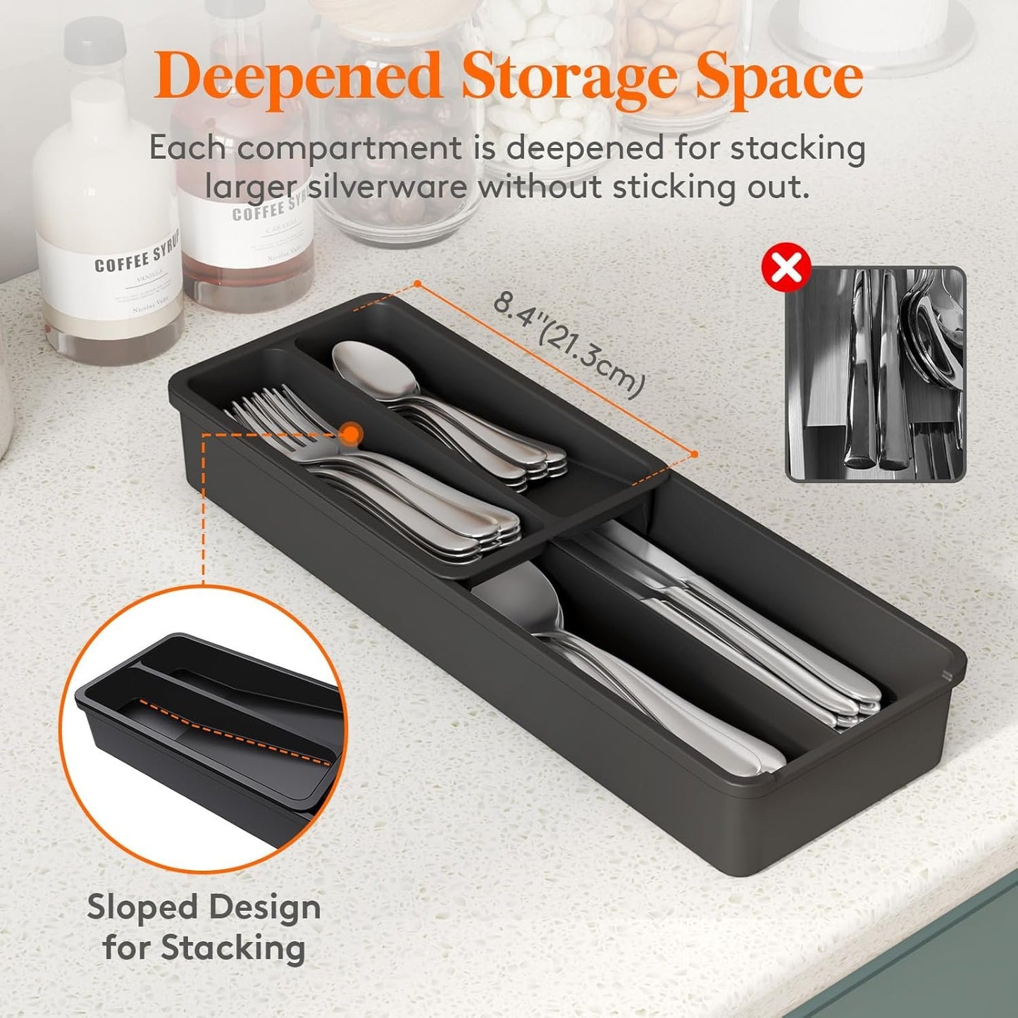 Lifewit Compact Silverware Organizer for Kitchen Drawer, Narrow Flatware Tray Holder, Plastic Cutlery Spoons, Forks and Knives Storage, Black, 1 Pack