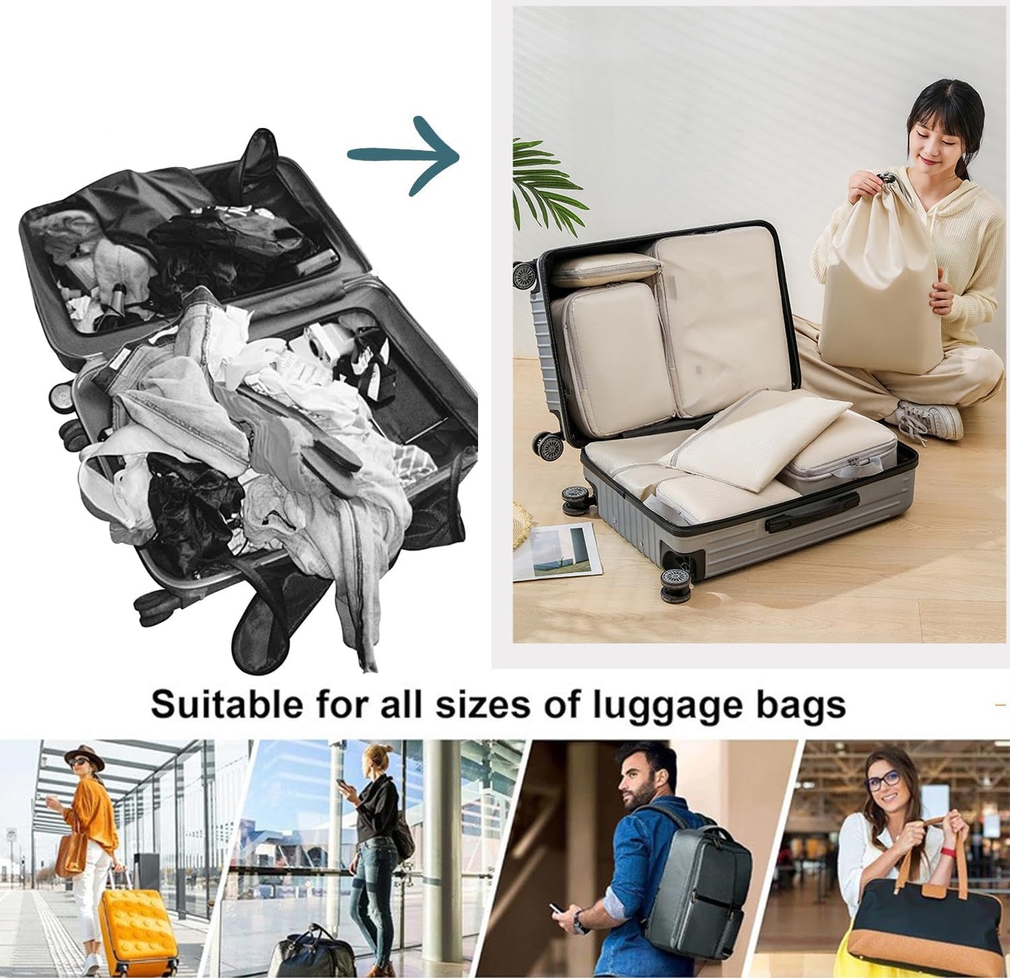 Compression Packing Cubes For Travel Set 8pcs Travel Packing Cubes Set Organisers Accessories Storage Bags Clothing Sorting Packages Expandable Bags for Luggage Suitcase-Beige