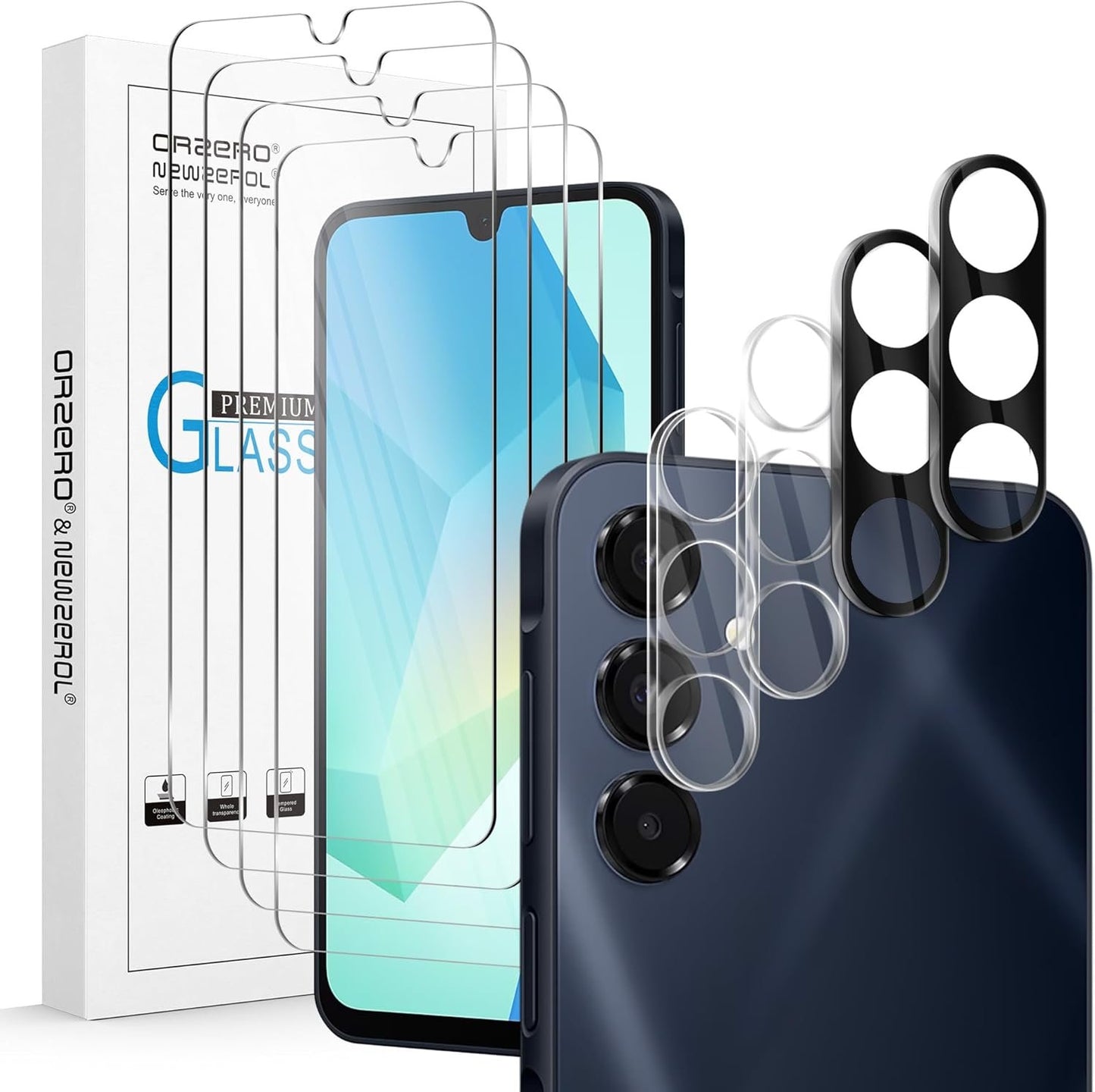 (4+4) Orzero Compatible for Samsung Galaxy A16 5G / 4G 6.7 inch, 4 Pack Front Screen Protector + 4 Pack Camera Lens Protector Tempered Glass Premium Quality High Definition Bubble-Free Anti-Scratch