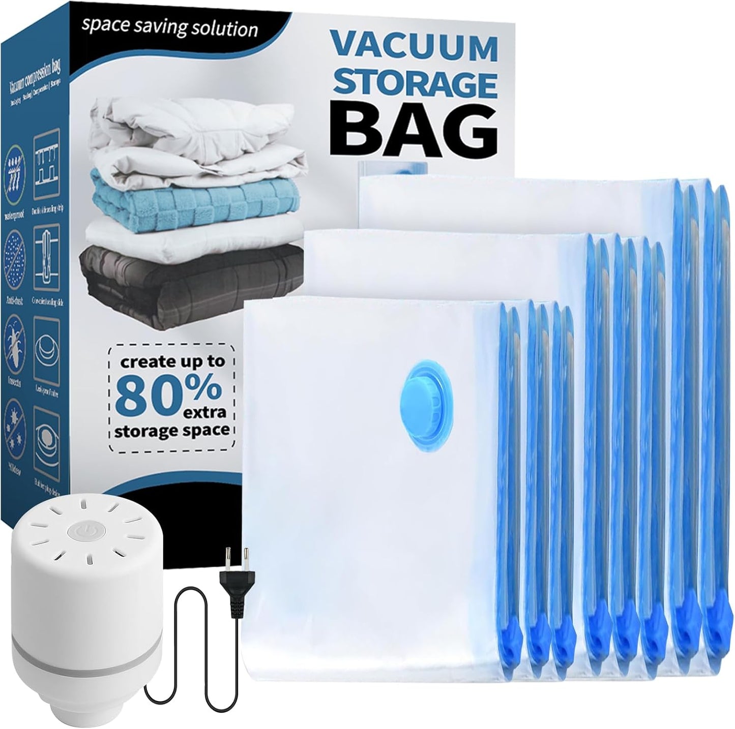 8 Pieces Vacuum Bags Clothes with Electric Pump, 2 Jumbo, 3 Large, 3 Medium, Vacuum Bags for Blankets, Duvets, Pillows, Quilts, Travel, Moving