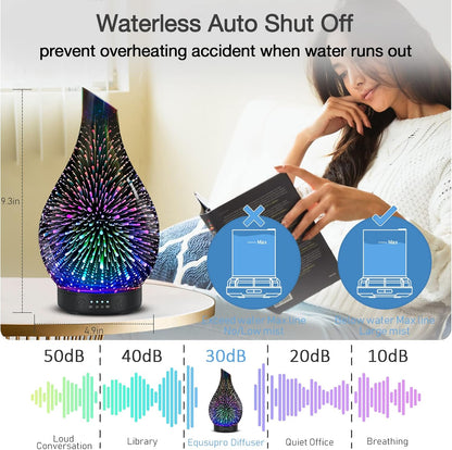 Essential Oil Diffuser 120ML Aroma Ultrasonic Humidifier with Handmade Glass BPA Free Waterless Auto-Off Timer Setting for Home Yoga Office